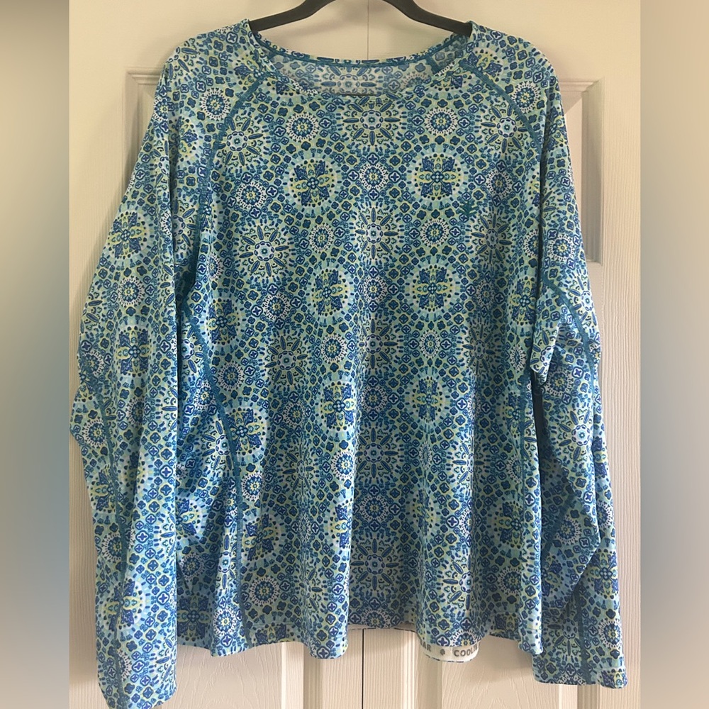 Coolibar Women's Shirt 50 UPF Swim Rash Guard Size L/XL Blue Geometric Top